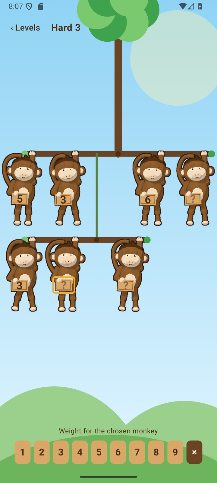 Cartoon monkeys hanging from branches holding numbered signs in Counterweight