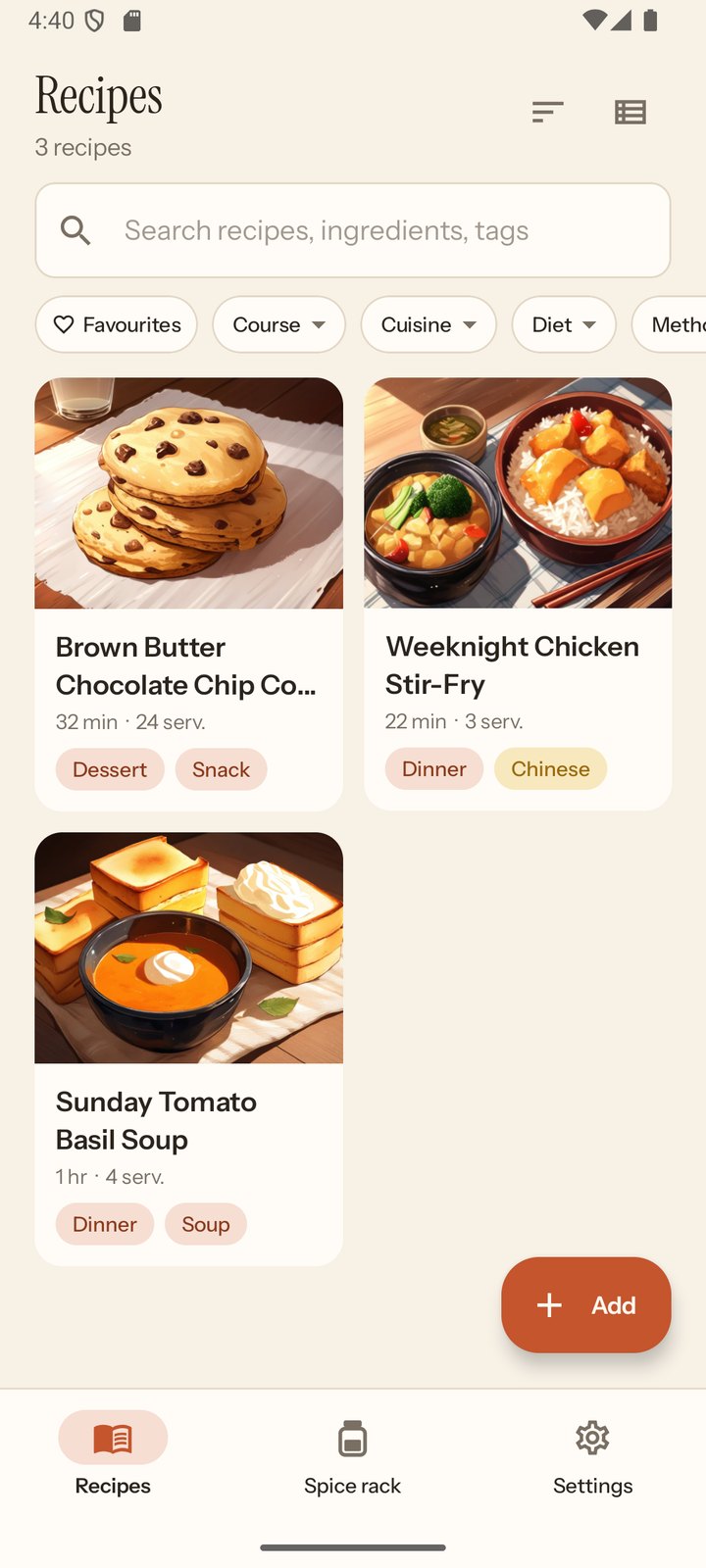 The Ladle recipe library: search bar, tag dropdowns and a grid of recipe cards with photos