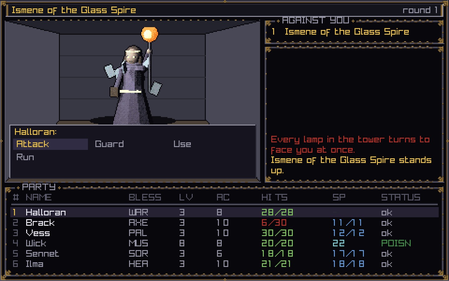 A fight at the top of the Glass Spire: Ismene in a violet gown holds a burning light overhead while the party's stats line the bottom of the screen