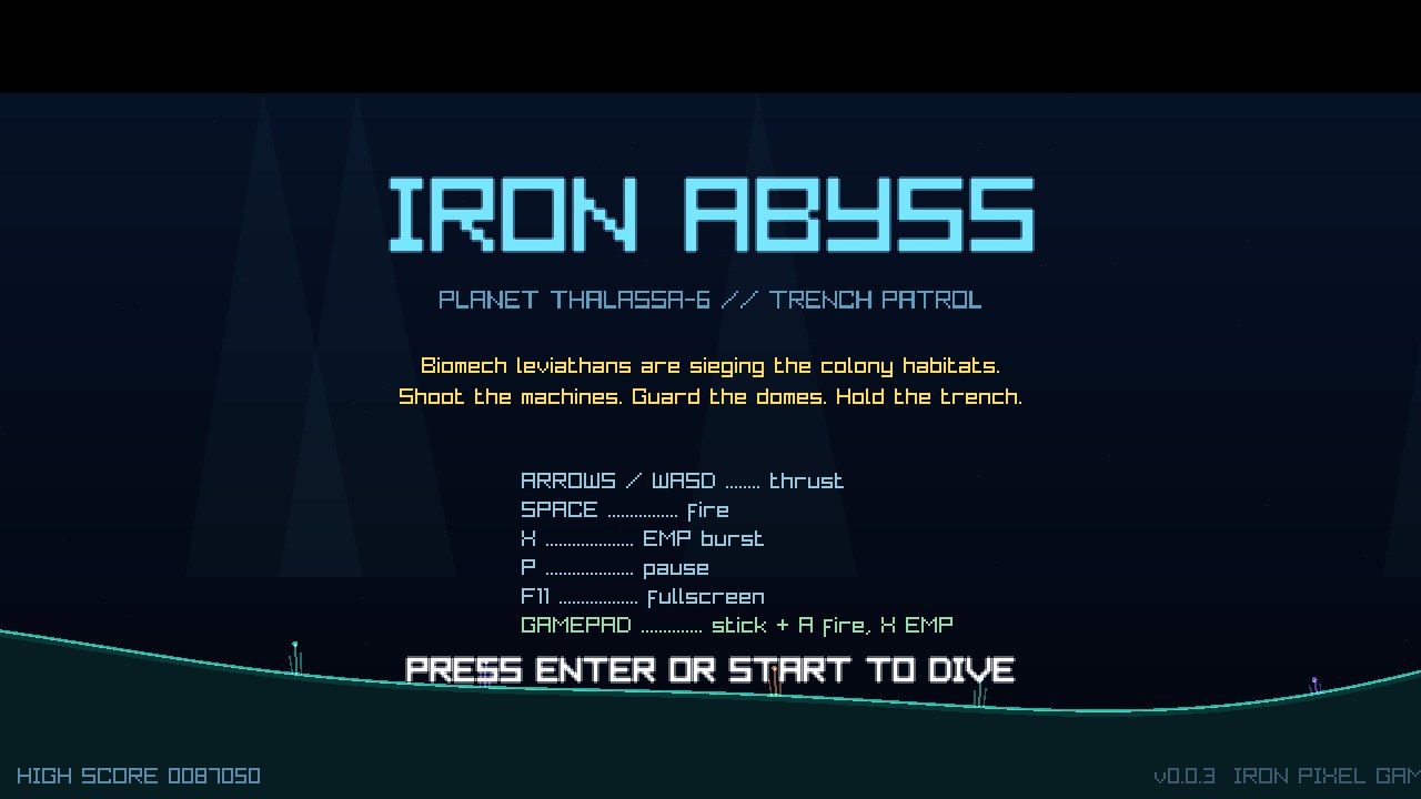 The Iron Abyss title screen over a glowing alien ocean trench